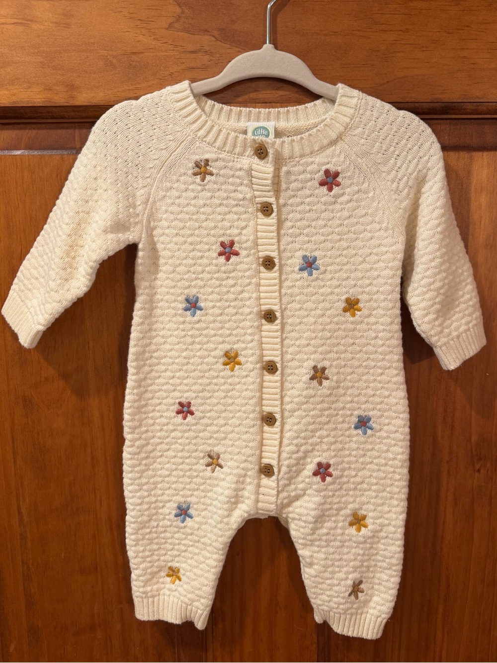 Little Me Cream Knit Floral Button-Front One-Piece